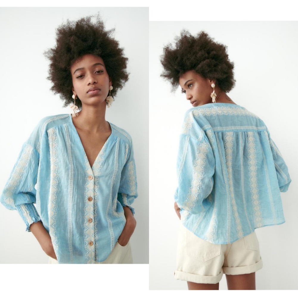Zara Embroidered Balloon Sleeve Button Down Shirt